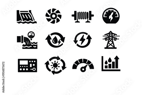 Hydropower Generation. Solid icon set of Hydropower Generation: falling water energy, turbine rotation, generator coil, power output meter, water pressure