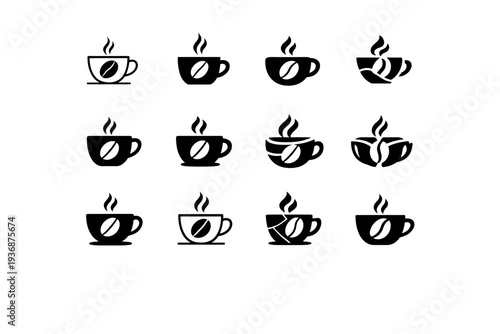 Hot beverages (tea, coffee, cocoa). Icon set. Set Logo of hot beverages (tea, coffee, cocoa): coffee cup with bean. harmonious logo variations of the same