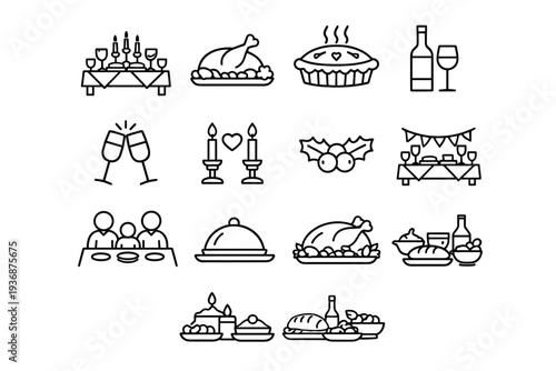 Holiday Feast. Line icon set of Holiday Feast: festive table, roast meat, pie dessert, wine bottle, champagne glass, candlelight dinner, seasonal garnish,