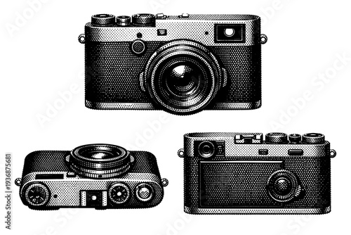 Film camera ? vintage rangefinder camera with compact body, top-mounted dials, and fixed lens housing. Black and white dot style with halftone texture and high