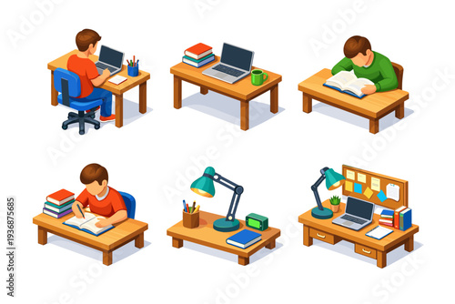 StudyDesk. Isometric flat vector icons set of StudyDesk: student sitting at desk, desk with books and laptop, reading posture at desk, writing notes at desk,