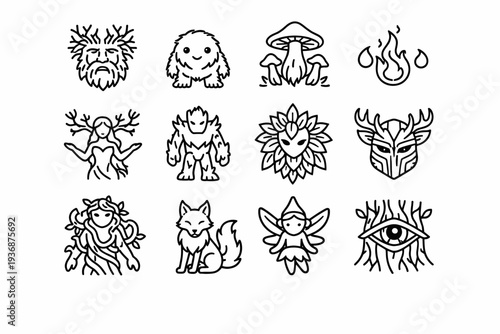 Forest Spirits. Line icon set of Forest Spirits: tree spirit face, moss creature, glowing mushroom, will o wisp, dryad figure, bark golem, leaf elemental,