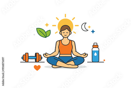 Fitness and wellbeing captured as a calm daily ritual, showing a relaxed figure with subtle sun or spark elements, evoking energy, recovery, and long term