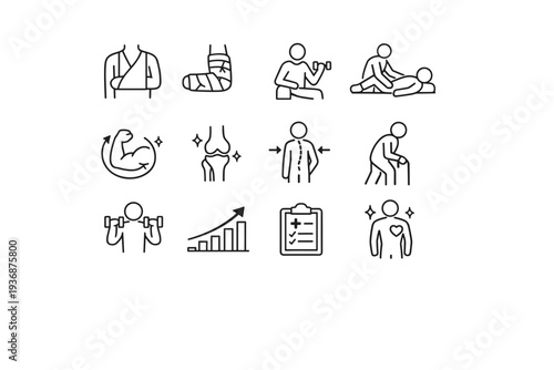 Physical recovery. Line icon set of Physical recovery: injured arm sling, broken bone cast, rehabilitation exercise, physical therapy stretch, muscle recovery,