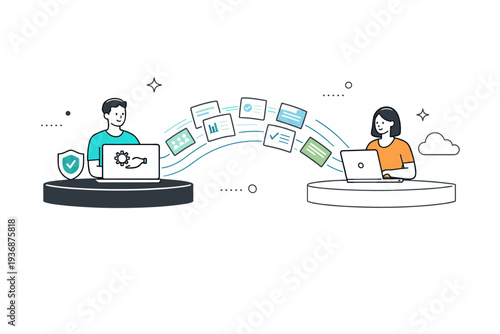 Export and migration systems. Two platforms connected by flowing lines as data cards move from one to another. Scene represents continuity, safety, and