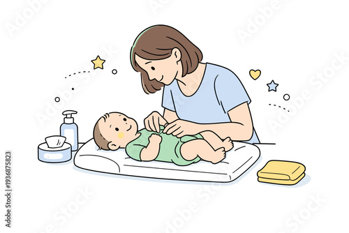Mother and baby care routine. A peaceful scene showing a mom changing or dressing her baby on a clean surface. Everyday parenting moments, focus, and gentle