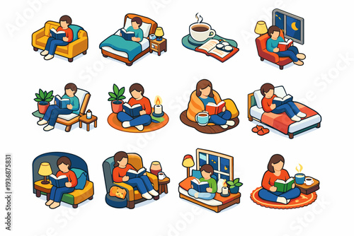 Relaxed Reading. Colorful isometric vector icons set of Relaxed Reading: person reading on sofa, bed reading scene, coffee and book moment, calm evening