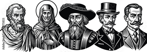 Vintage historical men portrait collection, engraved style vector illustration of philosophers, saints and gentlemen, classic antique line art character set
