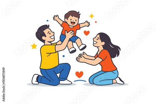 Happy family visualized as a playful interaction between parents and a child that conveys joy, energy and emotional closeness. The scene highlights positive