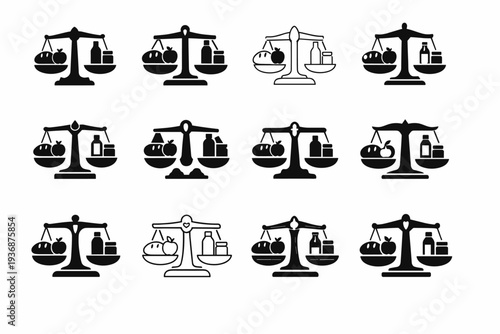Rationing food. Icon set. Set Logo of Rationing food: balance scale with food items. harmonious logo variations of the same emblematic concept, each with