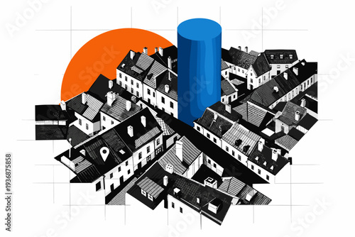 Top-view inspired layered cityscape collage with black and white European rooftops and narrow streets forming geometric patterns, bold orange circle partially