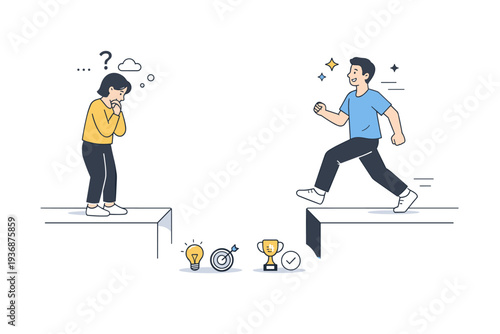 Confidence gap concept. Two people with equal skills shown differently, one hesitating and one confidently stepping forward. Calm emotional contrast
