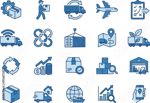 Modern logistics and supply chain management icon set featuring delivery truck warehouse cargo tracking shipping analytics transportation vector outline illustration