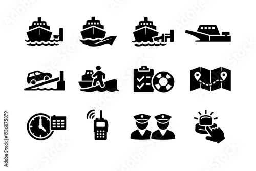 Ferry Operations. Solid icon set of Ferry Operations: ferry arrival, ferry departure, docking maneuver, ramp lowering, vehicle loading, passenger boarding,