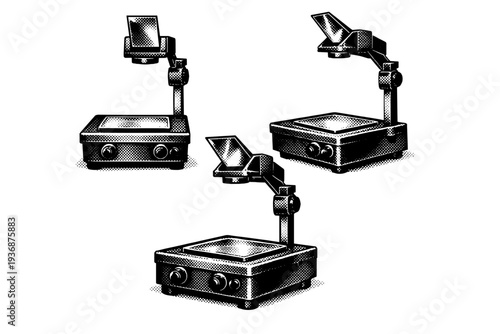 Overhead projector ? classroom teaching projector. A realistic classroom overhead projector shown as one object in three different views focusing on square