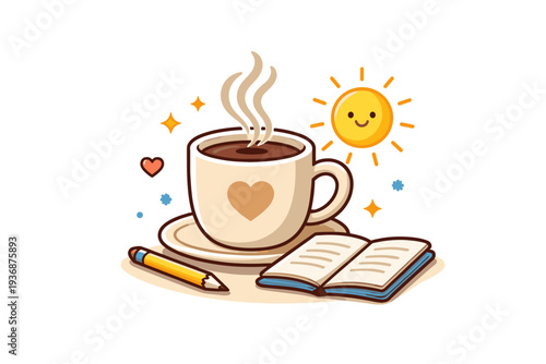 Everyday rituals captured through a warm morning coffee cup with gentle steam lines and a small sun icon nearby. The scene conveys comfort, intention, and the