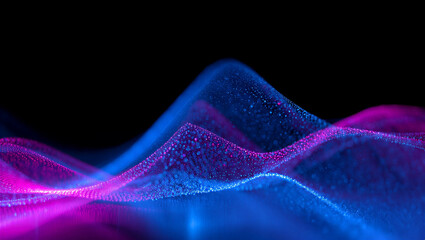 Luminous blue and pink particle waves flow dynamically on dark, symbolizing abstract data technology.