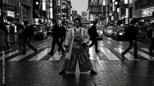 Man in samurai armor standing on a street crosswalk in a modern city. Warrior in urban setting for historical contrast.
