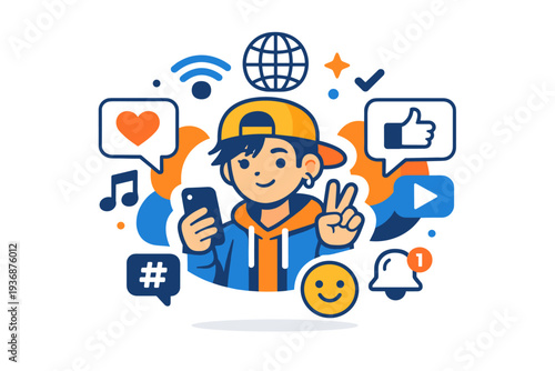 Generation Z digital identity expressed through a young character surrounded by smartphone icons, social symbols and bold shapes, conveying self-expression,