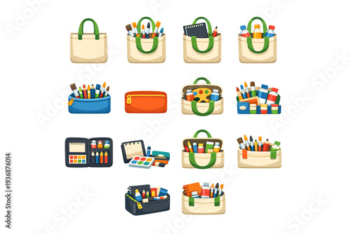 Artist tote bag. Colorful flat vector icons set of artist tote bag: canvas tote, brushes inside bag, sketchbook in bag, paint tubes in bag, pencil case, zipper