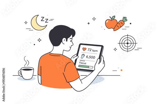 Biohacking basics overview. A calm editorial scene showing a person observing simple health metrics on a tablet, with subtle icons of sleep, nutrition, and