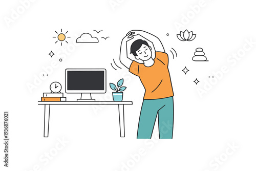 Healthy screen habits. Person taking a break from devices, stretching near a desk with a turned-off screen. Calm reset moment with light decorative elements