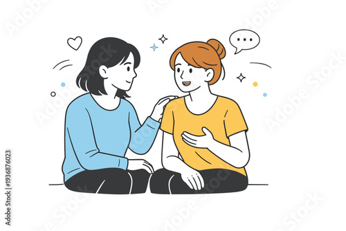 Emotional support between women. One woman listening attentively while another speaks, gentle body language and eye contact. The illustration reflects empathy,