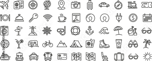 Travel and tourism line icons set featuring airplane, passport, luggage, map, compass, camping, beach, transport and vacation adventure outline vector symbols