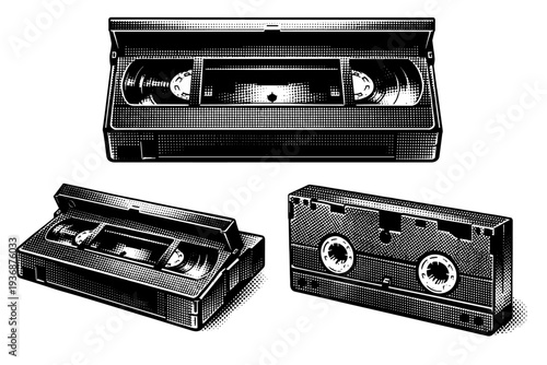 VHS tape ? VHS cassette with hinged safety flap and exposed magnetic tape opening. Black and white dot style with halftone texture and high contrast. Halftone