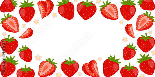 Strawberry fruit banner with whole and sliced ​​berries. Great for recipes, menus, stationery and summer design. Flat vector illustration.