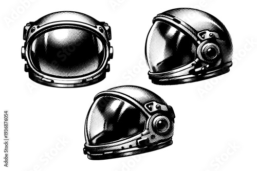 Astronaut helmet visor assembly with curved transparent shield and mounting frame, represented as one realistic visor unit displayed in three views including