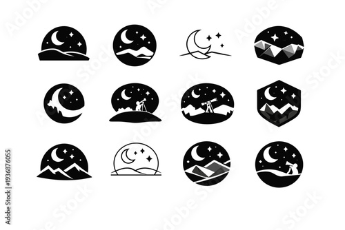 Astronomy and stargazing. Icon set. Set Logo of astronomy and stargazing: night sky horizon. harmonious logo variations of the same emblematic concept, each