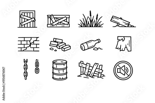 Abandoned Alley. Line icon set of Abandoned Alley: boarded door, broken crate, overgrown weeds, fallen sign, cracked wall, loose bricks, empty bottle, torn