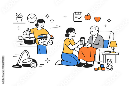 Unpaid care work at home. A person calmly managing household tasks while caring for a child or family member, showing responsibility and quiet dedication.