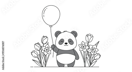 Panda Cub with Balloon among Tulips in Garden