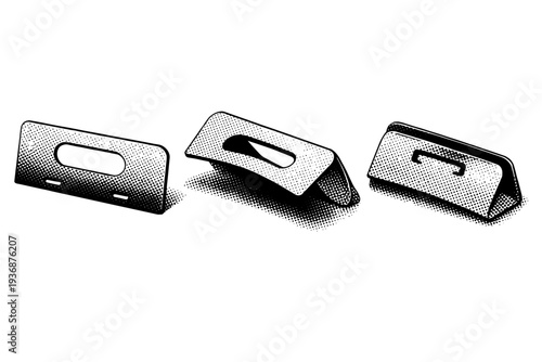 Food delivery box handle or tab detail presented flat, bent, and locked positions emphasizing paper material behavior. Black and white dot style with halftone