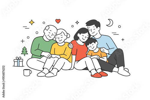 Family holiday time. People spending relaxed time together, sitting close and sharing a quiet moment. The illustration conveys warmth, connection, and shared
