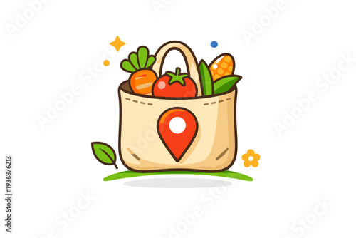 Local and seasonal shopping expressed through fresh produce inside a reusable bag with a location pin, suggesting support for local businesses and reduced