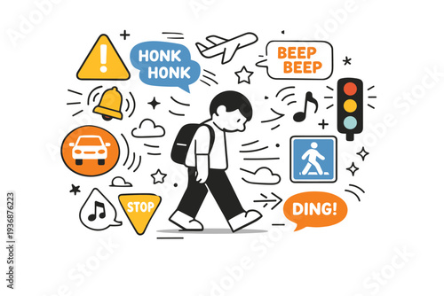 Urban sensory overload. A simple character walking through a city scene with traffic signs, sounds, and lights symbolized as floating shapes. Movement feels