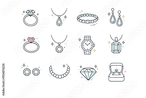 Luxury jewelry line icons. An elegant icon collection of fine jewelry such as diamond rings, pendants, and bracelets, drawn with precise thin lines. The mood