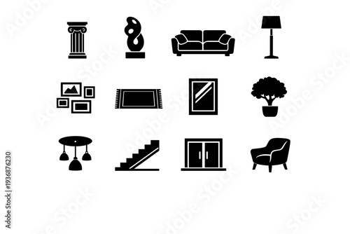 Luxury Interior. Solid icon set of Luxury Interior: marble column, abstract sculpture, designer sofa, floor lamp, art gallery wall, premium carpet, large