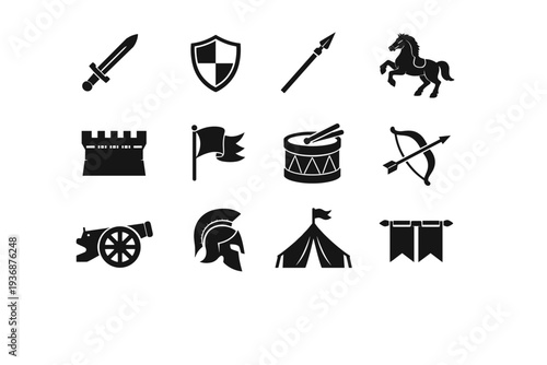 Historic Battlefield. Solid icon set of Historic Battlefield: medieval sword, shield emblem, spear weapon, cavalry horse, castle wall, battle flag, war drum,