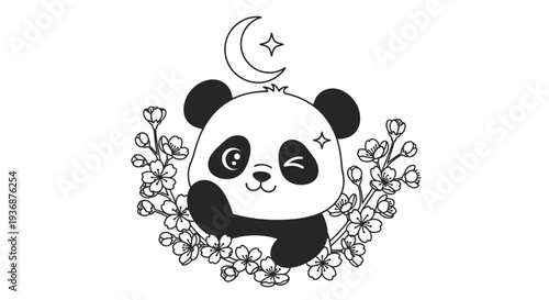 Playful Panda Hugging Flowers Under Moon