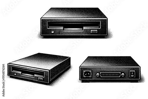 Vintage computer ? external floppy disk drive with rectangular casing and front slot. Black and white dot style with halftone texture and high contrast.