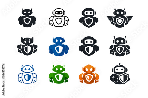 Cybersecurity awareness for children and young adults. Icon set. Set Logo of Cybersecurity awareness for children and young adults: friendly robot guardian.