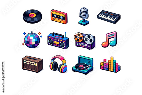 Retro Music Influence. Colorful isometric vector icons set of Retro Music Influence: vinyl record, cassette tape, retro microphone, analog synthesizer, disco