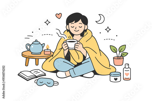 Self-care at home. A cozy editorial scene with a person enjoying tea, a blanket, or quiet personal time, conveying comfort and emotional care. Gentle mood,