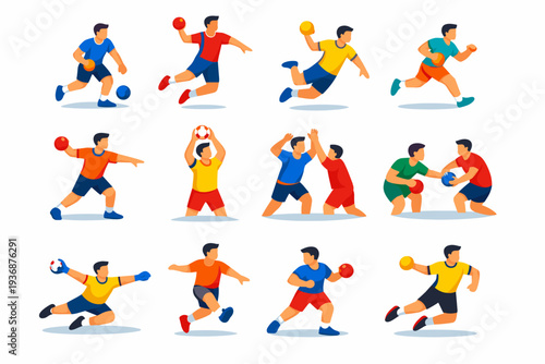 Handball Actions. Colorful flat vector icons set of Handball Actions: dribbling ball, jump throw, spin shot, fast break, side pass, overhead pass, block jump,