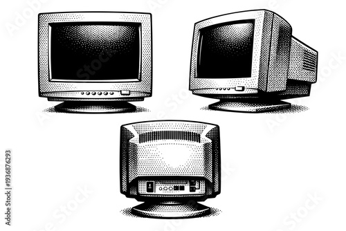 CRT monitor ? personal home computer display. A realistic home computer CRT monitor presented as one object in three views emphasizing classic beige casing and