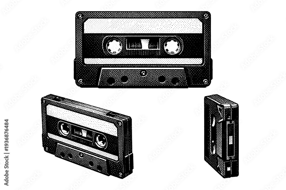Fototapeta premium Cassette Tape ? classic compact cassette. A standard compact audio cassette with twin spools, magnetic tape window, and rectangular shell, shown as the same